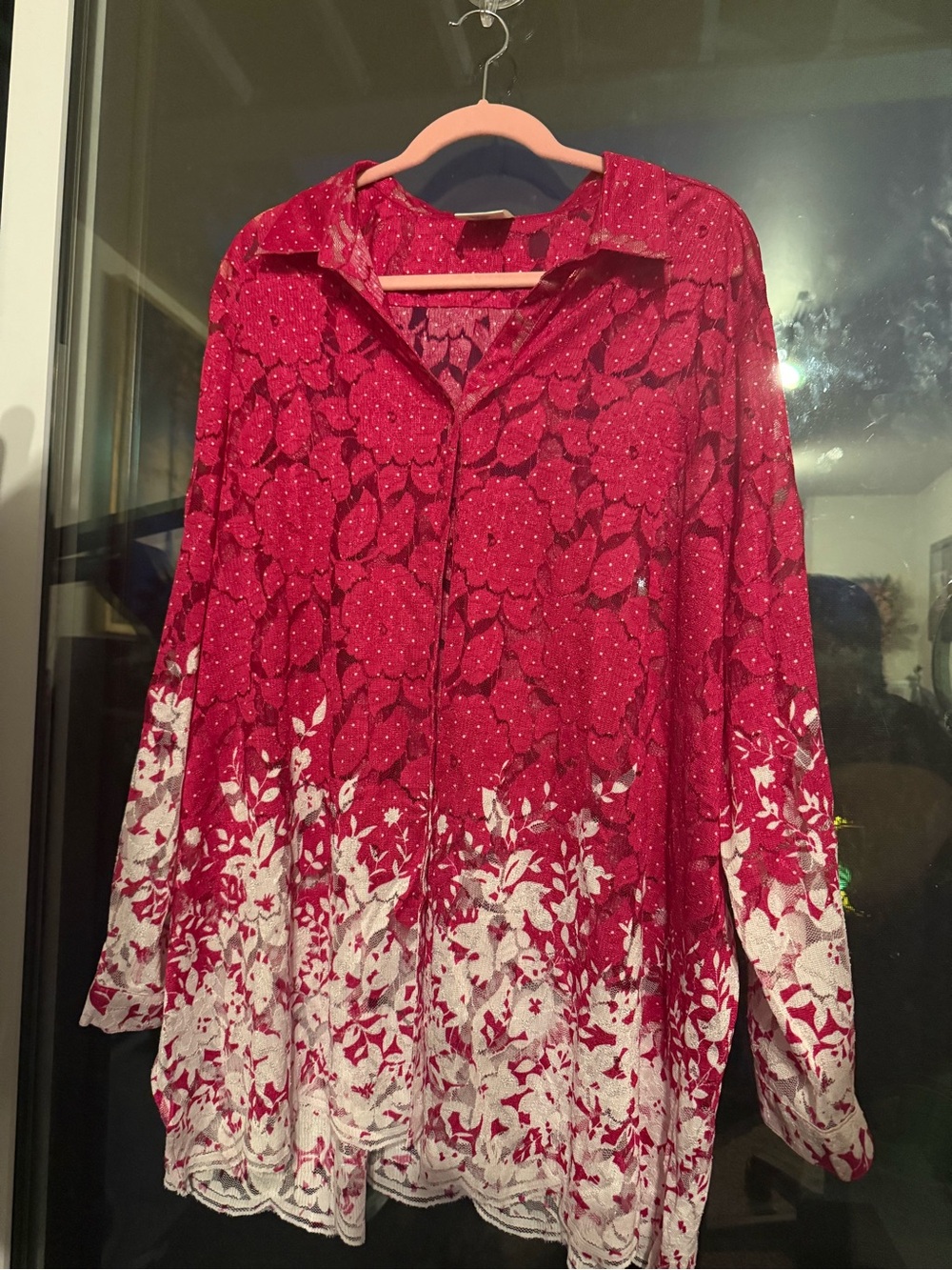 Pink White Floral Lace Button-Down Tunic Shirt